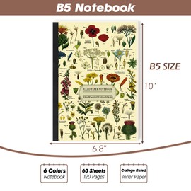 Wanshui B5 Size 6.8 x 10 Inches Wide College Ruled Paper Notebook, 120 Pages / 60 Sheets,Writing Journal Notebook with Lined Paper, Notebooks for Office Supplies, Work, Note Taking.Wild Flower