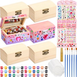 Kigley 6 Sets Paint Your Own Wooden Boxes Arts and Craft Paint Kits Unfinished Wood Jewelry Box for Ages 2-12 Year Old Girls Kids Boys DIY Craft Gifts (Square)