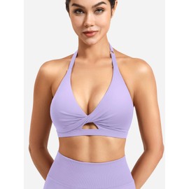 ZAAYO Women's Sports Bras Open Back Workout Gym Bra Padded Medium Impact Yoga Tops with Adjustable Back Straps, light purple, XL