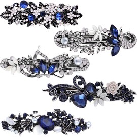 5 Pieces Crystal Rhinestones Hair Barrettes Large Flower Butterfly Pearl French Vintage Clip Wedding Navy Hair Jewelry for Thick long Hair for Women Girls