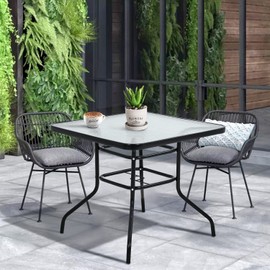 Hudada Outdoor Patio Table with Umbrella Hole Bistro Table Metal Steel Frame Square Table with Tempered Glass Top, Conversation Coffee Table, All-Weather Furniture for Commercial Party Event,Black