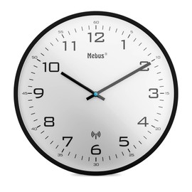 Mebus Radio Controlled Wall Clock 30cm Silent Black Frame White Dial Model 13079 - Large and Clear Display, Black