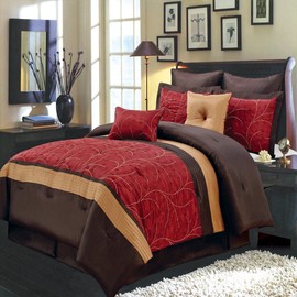 Royal Hotel Bedding Atlantis Red, Gold and Chocolate Cal-King Size Luxury 8 Piece Comforter Set Includes Comforter, Bed Skirt, Pillow Shams, Decorative Pillows
