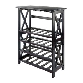 Ergode Newport Wine Bar | Expandable Countertop | Holds 9 Bottles | Hanging Wine Glass Rack | Drawer & Open Shelf | Solid Wood | Walnut Finish (92432-VV)