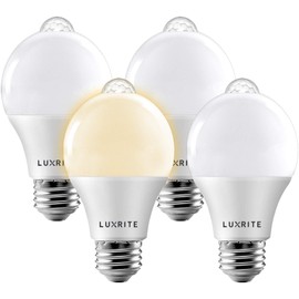 Luxrite A19 LED Motion Sensor Light Bulbs, 60W Equivalent, Motion Activated Dusk to Dawn Sensor, 3000K Soft White, 800 Lumens, Security Light Bulb, Indoor/Outdoor, UL Listed, E26 Base (4 Pack)