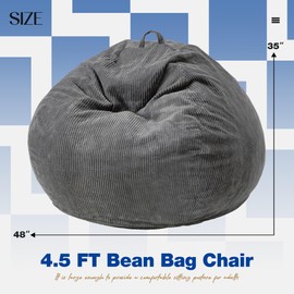Hobestluk 4.5FT Bean Bag Chair Giant Bean Bag Chair with Filler Included Adult Bean Bag Chairs with Removable Cover for Bedroom Living Room - (Jumbo, Grey)
