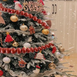 9 Ft Christmas Garland-Vintage Christmas Tree Decorations,110" Wood Bead Ggarland,Neutral Farmhouse Decor,Boho Christmas Decor,Modern Wooden Garland for Christmas Tree(Burgundy)