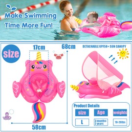 Newborn Baby Swimming Float 10-24 Months,Hot Pink Unicorn Inflatable Baby Pool Float Ring with Sun Canopy Seat Anti-Flip Tail,Baby Swimming Ring Floating Swim Circle for Baby Toddlers Infant Swim Ring