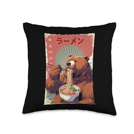 Brown Bear Eating Ramen Japanese Noodles Soup Throw Pillow