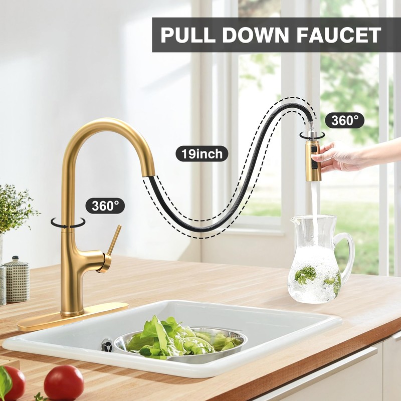 FROPO Gold Kitchen Faucets, Brushed Gold Kitchen Faucet with Pull