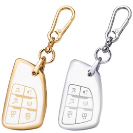 2 Pack Key Fob Cover Fit for GMC Yukon Chevy Tahoe 2025 2024 2023 2022 2021 Suburban 1500 Silverado 6 Button Car Keys Case Shell Full Covers Protector Accessories Keychain Girly Women Gold White TPU