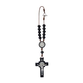 Car Rearview Mirror Rosary Decade Crucifix Ornament - Made in Brazil (St Benedict - Black)