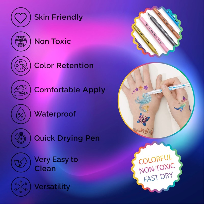 12 Metallic Temporary Tattoo Markers for Skin – Create Temporary