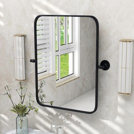 CHARMAID Pivot Mirror for Bathroom - 30'' x 22'' Tilt Beveled Vanity Mirror Black Metal Framed, Rectangle Decorative Wall Mirror for Living Room Bedroom Entryway, Horizontally or Vertically Mounted
