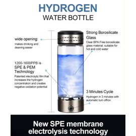1200-1600PPB Hydrogen Water Bottle - Rechargeable Hydrogen Water Bottle Generator with SPE PEM Technology - 3Min Quick Electrolysis Portable Stainless Steel Water Ionizer for Home, Office & Travel