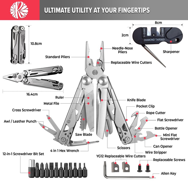 RODYVAN Multi Tool Pliers | EDC Hand Tools with Sharpener,