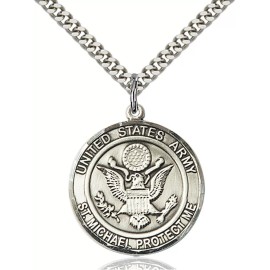 Bliss Sterling Silver Army St Michael US Army Catholic Medal Pendant Necklace 24"Chain