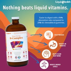 LIQUIDHEALTH Mega Energy Methylated B-Complex, Adult Liquid Vitamin Supplement - Increase Energy, Relieve Stress & Fatigue, Immune Support, Heart & Gut Health - Made in USA, Vegan, Sugar-Free (3 Pack)