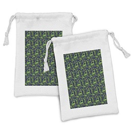 Ambesonne Leaves Fabric Pouch Set of 2, Entangled Arrangement of Tropical Plant Species Fuzzy Veiny Leaves, Small Drawstring Bag for Toiletries Masks and Favors, 9" x 6", Pale Green Navy Blue