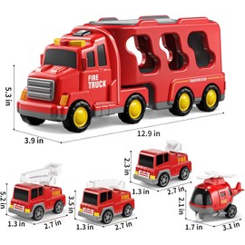 TEMI Fire Truck Toys for 2 3 4 5 6 Years Old Boys Girls - 5 in 1 Carrier Truck Transport for Toddlers 1-3, Friction Power Fire Engine Toys for Kids 3-5, Christmas Birthday Gifts