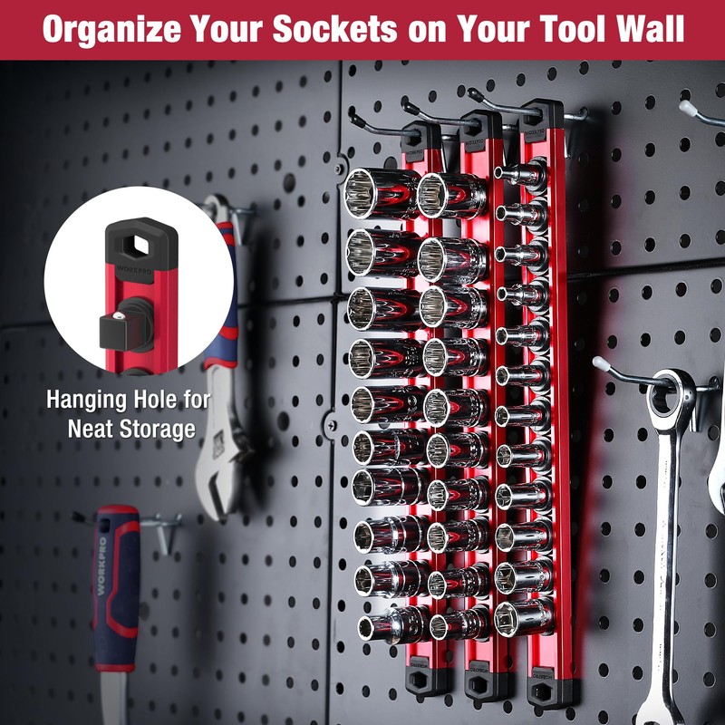 WORKPRO Magnetic Socket Organizer Set, 3-Piece Aluminum Alloy Socket Rail,
