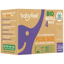 Babyfeel BIO Refills Compatible with DEKOR PLUS Diaper Pails | 100% Compostable | 4 Pack | 50% Extra Thickness | Compost Refill bags with Running Low Indicator | Powerful Odor Control | Fragrance-free
