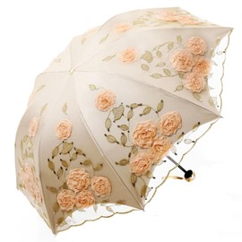 Honeystore Lace Travel Parasol Folding Anti-uv Windproof Embroidery Umbrella 1337 3-Folding Beige Yellow