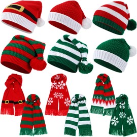 Liitrsh 12 Pcs Christmas Knitted Beanies and Scarf Set Xmas Santa Hat with Pom Warm Skull Cap for Adult Teens Holiday Gift(Snowflake)