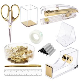DRQ Gold Desk Organizers and Accessories Office Supplies, 10Pcs Set for Office with Stapler, Tape Dispenser, Pens, Pen Holder, Phone Holder, Tape, Ruler, 1 Box Staple, Scissors and 1 Box of Clip