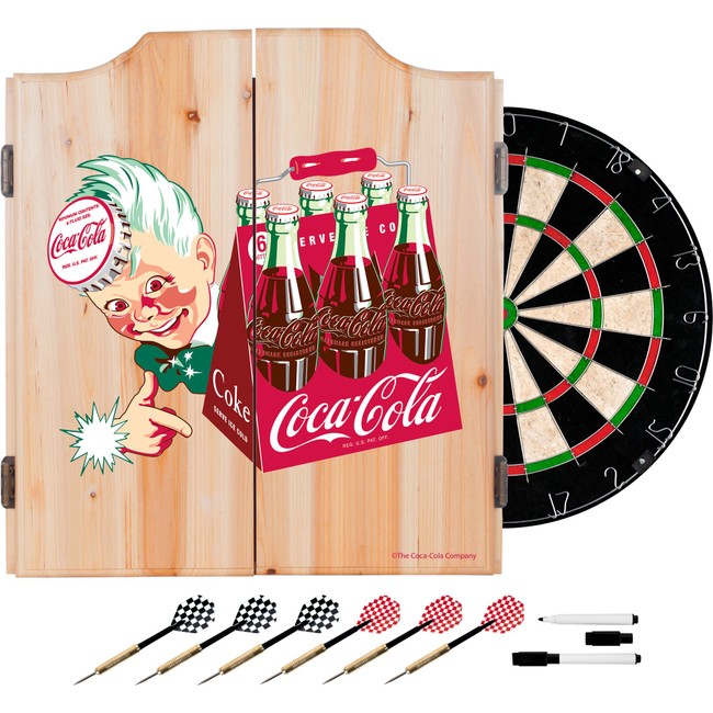 Trademark Gameroom Classic Coca Cola Dart Cabinet Set with Darts & Board (6 Pack)