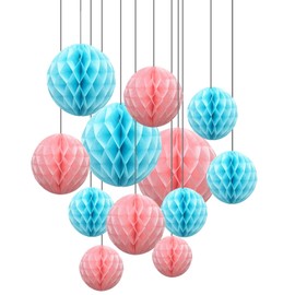 ZYOOO 12 Pieces Tissue Paper Honeycomb Balls Blue and Pink Gender Reveal Boy or Girl Decoration Kit, Paper Pompom Set 2 Colors of 15.3 cm, 25.4 cm