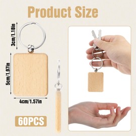 60 Pcs Wooden Keychain Blank with Key Rings, Wood Engraving Unfinished Key Chain Rectangular Keychain Blank for DIY, Crafts Gift, Pet Tags