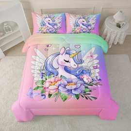 BSNTHO Cartoon Unicorn Comforter Set Full Size,Floral 3 Piece Bedding Set,Angel Unicorn Comforter with Pillow Shames, for All Seasons, Ultra-Soft, Lightweight, Breathable