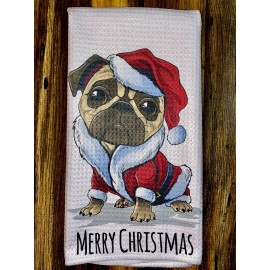 Holiday Kitchen Hand Towel PUG DOG Christmas Santa