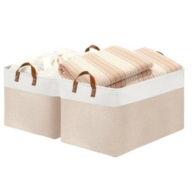 DULLEMELO Extra Large Baskets for Organizing, 22" X 15" X 13" Rectangle Fabric Storage Bins, Foldable Blanket Basket Living Room, Large Kids Toy Storage Organizer Bins, Baby Basket Gift (White&Khaki)