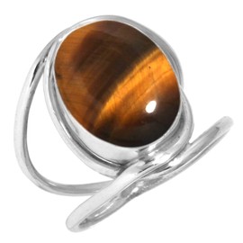 Jeweloporium 925 Sterling Silver Ring for Women Size T Brown Real Tiger Eye Gemstone Vintage Silver Ring Christmas - Gift Solitaire Jewelry