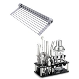 17" L x 13" W Ohuhu Roll Up Dish Drying Rack +Cocktail Shaker Set with Stand, Ohuhu 17-Piece Bartender Kit, Stainless Steel Bar Tool Set