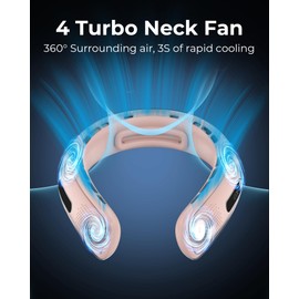Jkjoy Portable Neck Fan, 4 Turbo Bladeless Neck Fan, 4000 mAh Battery Operated USB Rechargeable Personal Fan, 360° Cooling Hands Free Fan, 3 Speeds, LED Display, Wearable Fan for Office Travel Gifts