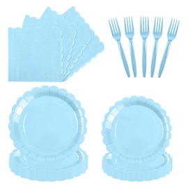 heirox 96PCS Light Blue Party Supplies Include Baby Blue Scalloped Plates Disposable Dinner Plates and Napkins Plastic Forks for Wedding Baby Shower Birthday Party Table Decor,Serve 24