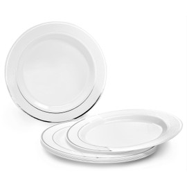 OCCASIONS 120 Plates Pack,(60 Guests) Heavyweight Premium Wedding Party Disposable Plastic Plates Set -60 x 10.5'' Dinner + 60 x 7.5'' Salad/Dessert (White & Silver Rim)