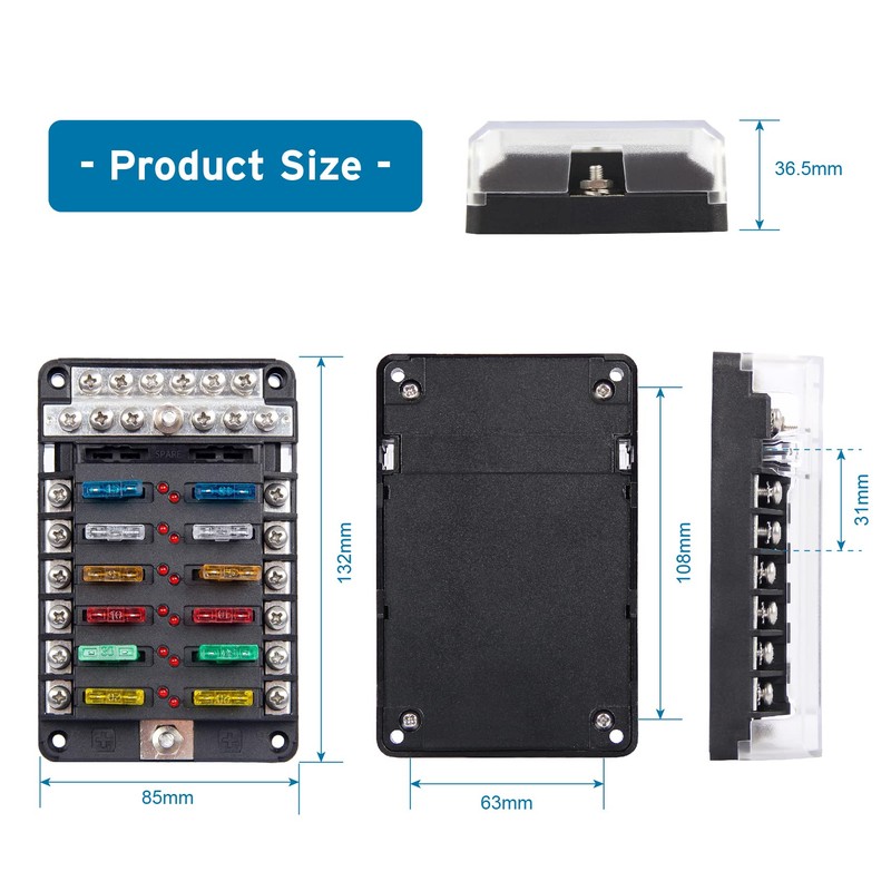 DOCAS 12 Way Fuse Holder with LED Indicator Negative Bus