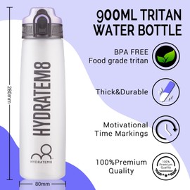 HYDRATEM8 - Active Motivational Sports Water Bottle with Time Markings, BPA Free, Drinks Bottle, 32oz - Frosted