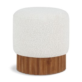 Meridian Furniture 22047Cream Veranda Collection Mid-Century Modern Ottoman/Stool with Rich Cream Boucle Fabric, Solid Wood Walnut Brown Finish Base, 16" W x 16" D x 17" H, Cream