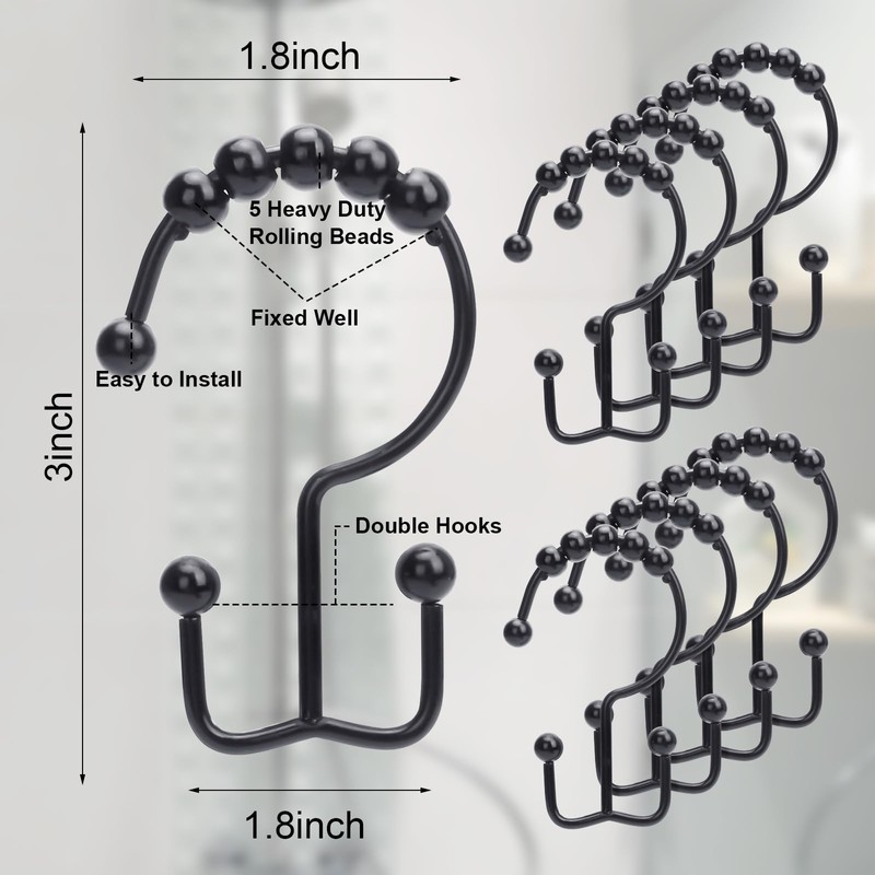 Shower Curtain Hooks,Double Sided Black Shower Curtain Hooks Rust Proof,Set