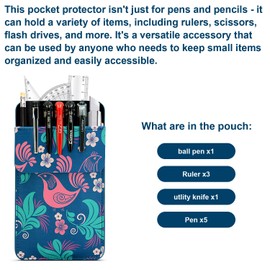 Leather Pocket Protector for Men: 2 Pack Multi Purpose pocket protectors for shirts - Floral and Bird Pattern Pocket Protector for Lab Coats | Pocket Pen Holder Accommodates Work Tools Such as Pens