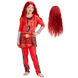 Girl Red Costume with Wig Rise Red Princess Kids Hallowen Party Dress up Jumpsuit (Red, X-Large(9-10 Years))