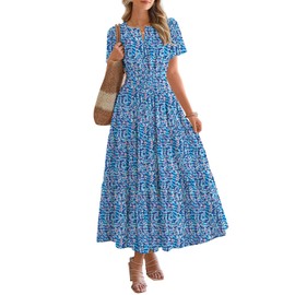 BTFBM Summer Dresses for Women 2025 Floral Casual Short Sleeve V Neck Elastic Waist Maxi Wedding Guest Dress Pockets(Floral Dark Blue, XX-Large)
