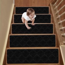 Alow Stair Treads Non-Slip, Indoor Reusable Carpet Stairs, Self-Absorbing No Glue Required for Wood or Marble StepsStair Mats for Children, Seniors, and Pets (7 Pcs 8x30 inches,All Black)