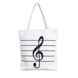 Music Notes Handbag Canvas Tote Bag Reusable Grocery Bag Shoulder Shopping Bag for Women Girls Gift (White)