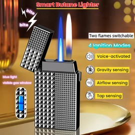 NINSI Smart Butane Torch Lighter - 4 Ignition Modes (Voice Activated, Gravity Sensor, Airflow, Tap), Dual Flame Refillable Lighters with Windproof Straight Flame & Soft Flame (Fuel Not Included)